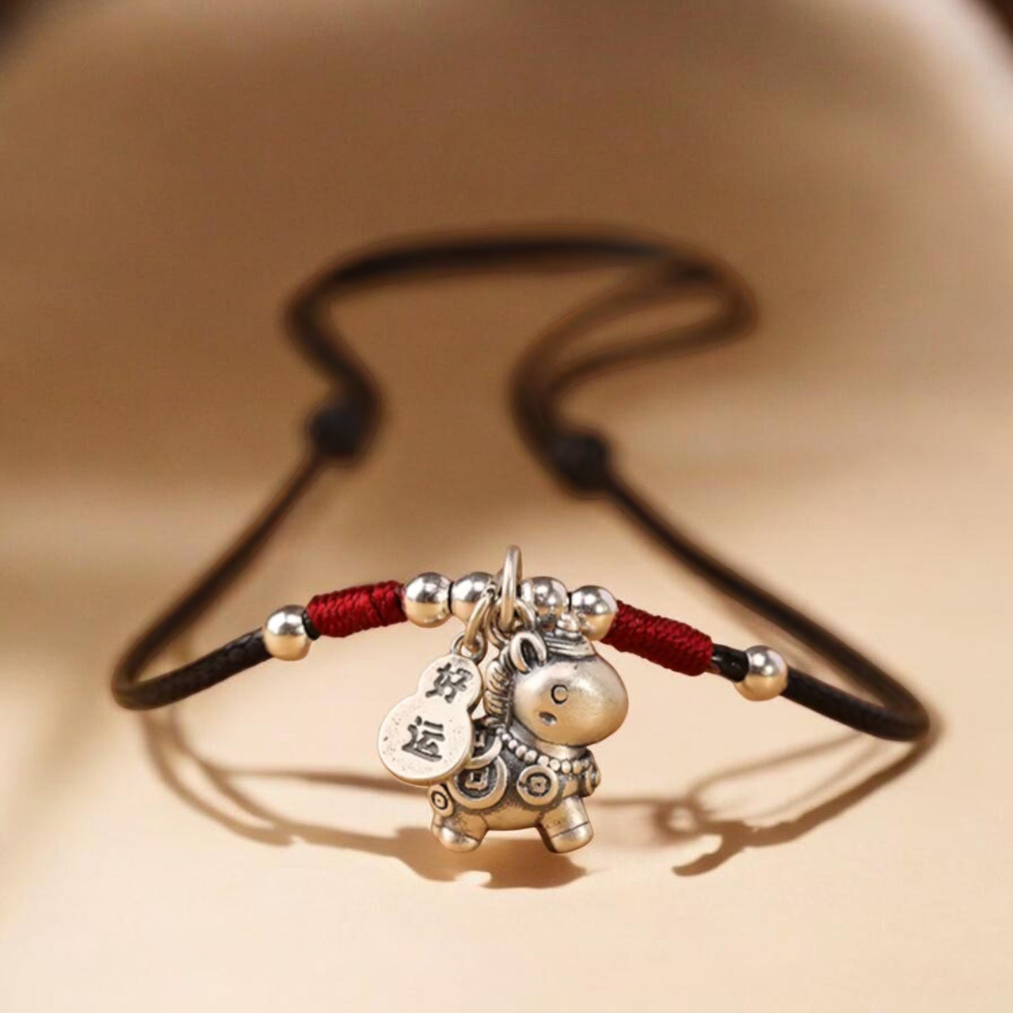 999 Pure Silver Chinese Zodiac Horse Charm Rope Hand Braided Necklace Men and Women