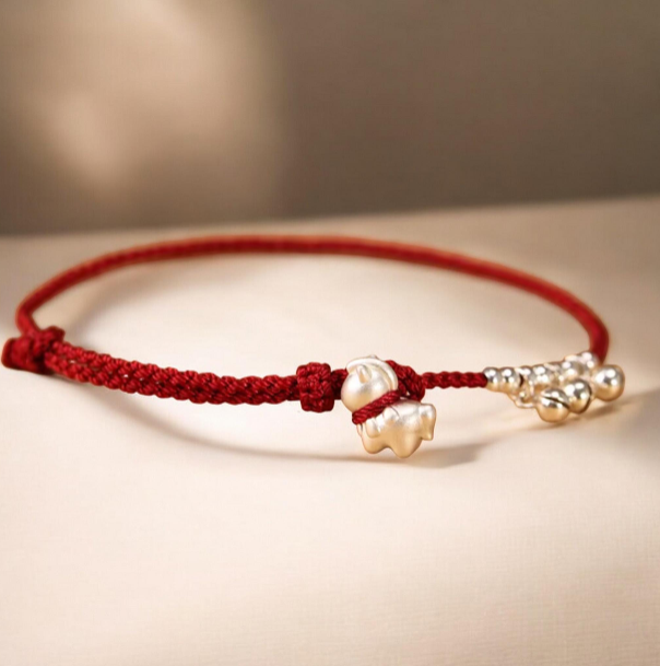 999 Pure Silver Zodiac Horse Bell Pendant Red Braided Rope Anklet
