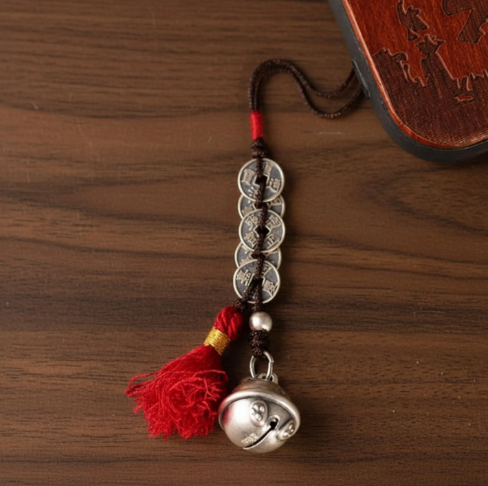 999 Pure Silver Maneki-neko Fortune Cat Charm Bell Coins Pendant Rope KeyChain