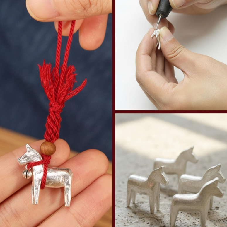 999 Pure Solid Silver Horse Charm Pendant, Hand Braided Rope Keychain