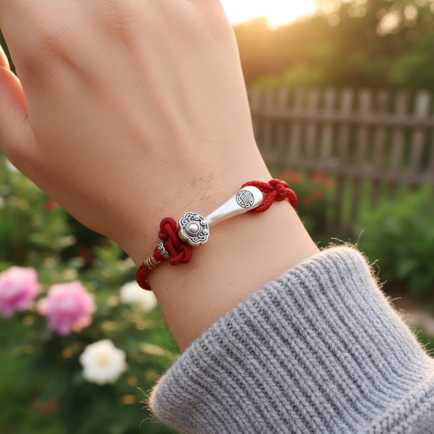 999 Pure Silver Ruyi Lucky Pendant Braided Cord Bracelet