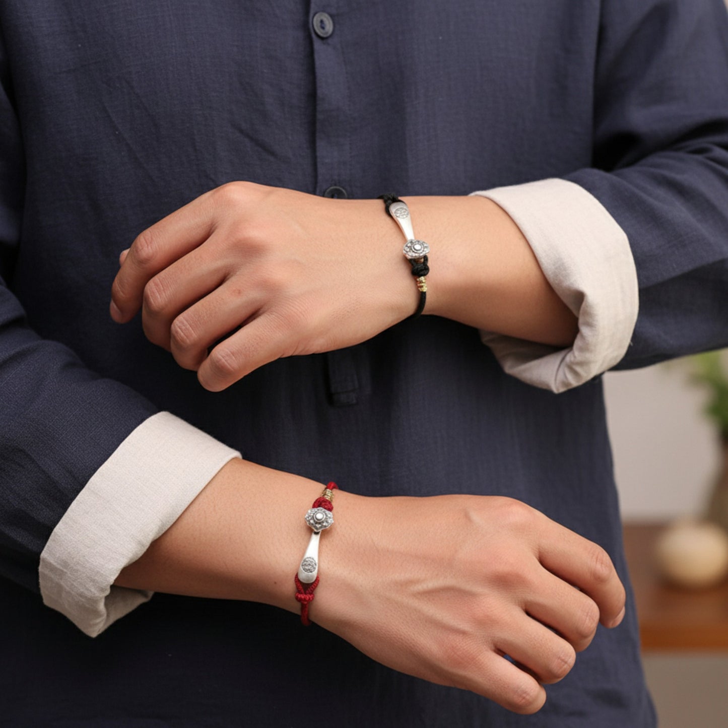 999 Pure Silver Ruyi Lucky Pendant Braided Cord Bracelet