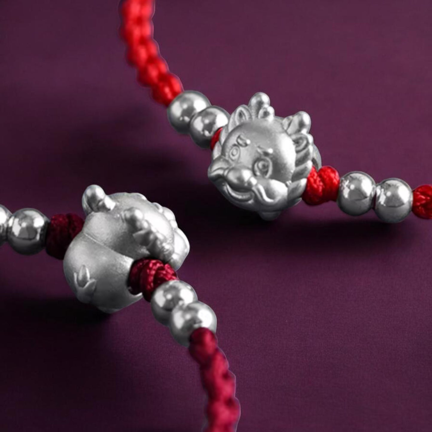 999 Pure Silver Dragon Pendant Braided Cord Adjustable Bracelet and Anklet