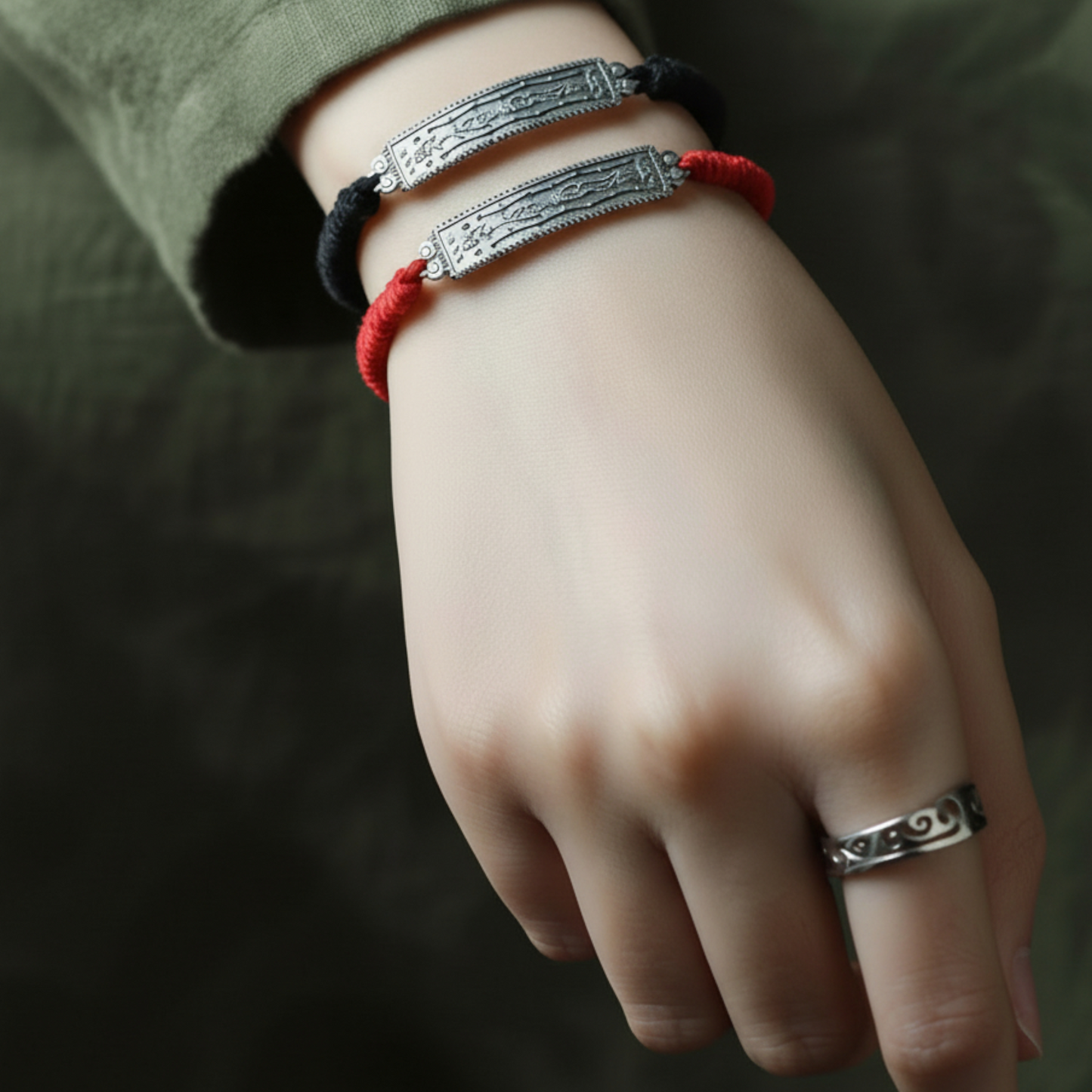 s925 Sterling Silver Tai Sui Amulet Charm Braided Cord Adjustable Bracelet