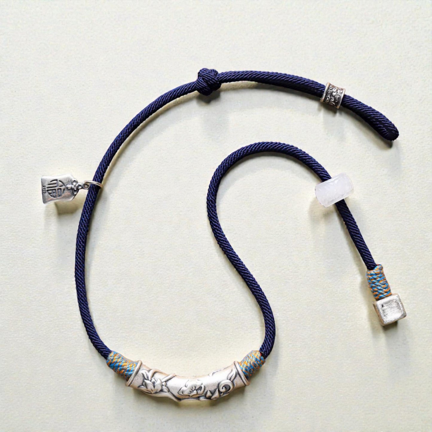 s999 Silver Flower Blessing Charm Hand Woven Unisex Rope Bracelet