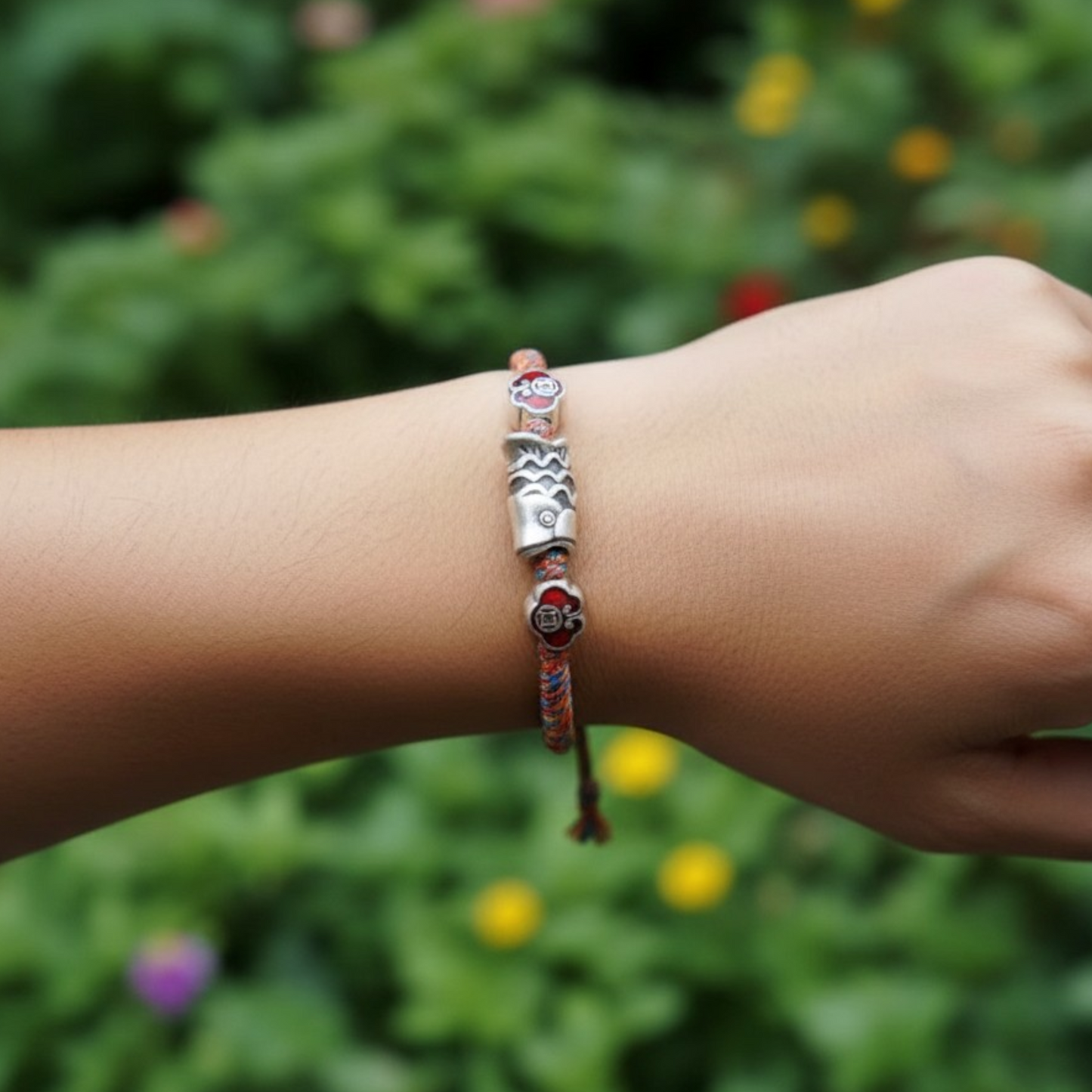 999 Real Silver Enamel Koi Fish Charm Hand Braided Woven Bracelet