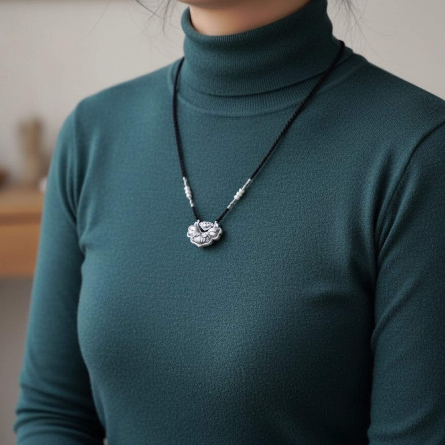 s999 Real Silver Koi Carp Ruyi Lock Charm Rope Necklace