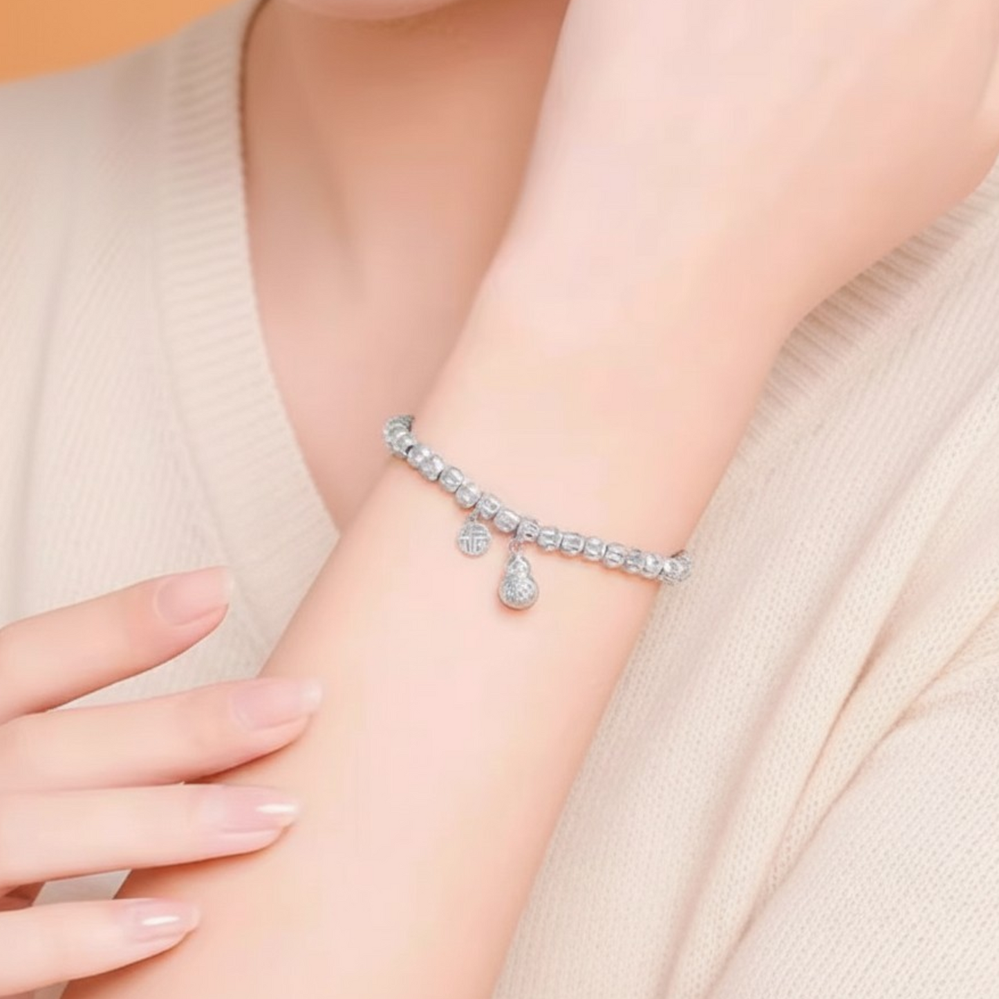 999 Pure Silver Gourd Charm Beads Bracelet