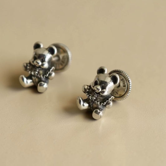 S925 Sterling Silver Vintage Style Bear Teddy Stud Earrings