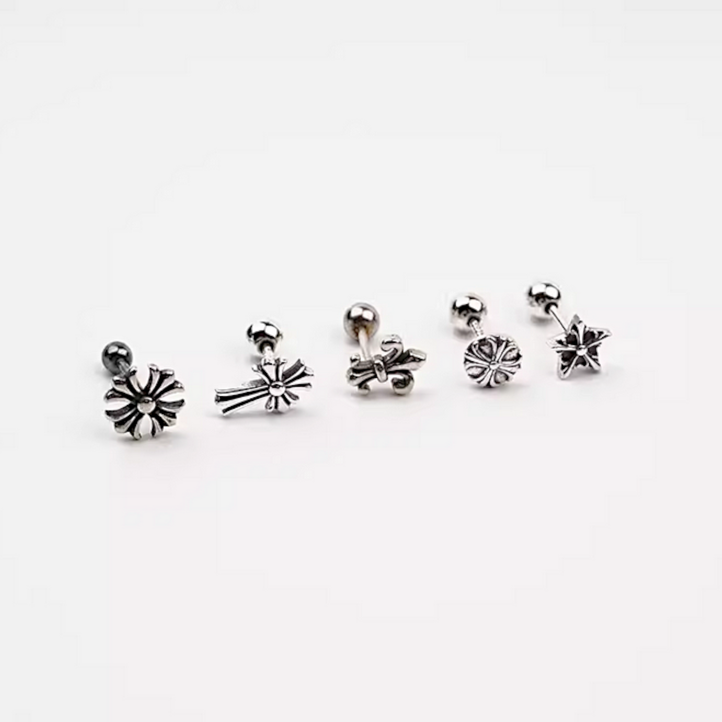 S925 Sterling Silver Vintage Unisex Star Cross Screw Cartilage Earrings