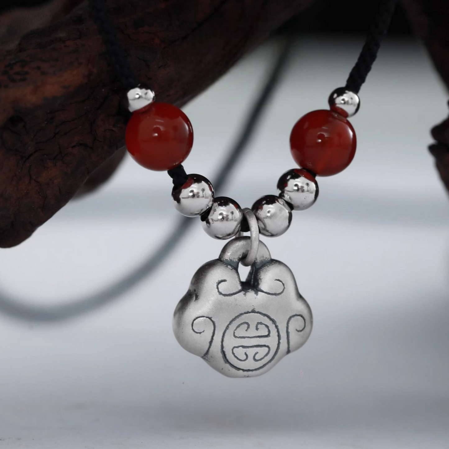 S999 Silver Vintage Chinese Safety Lock Rope Necklace