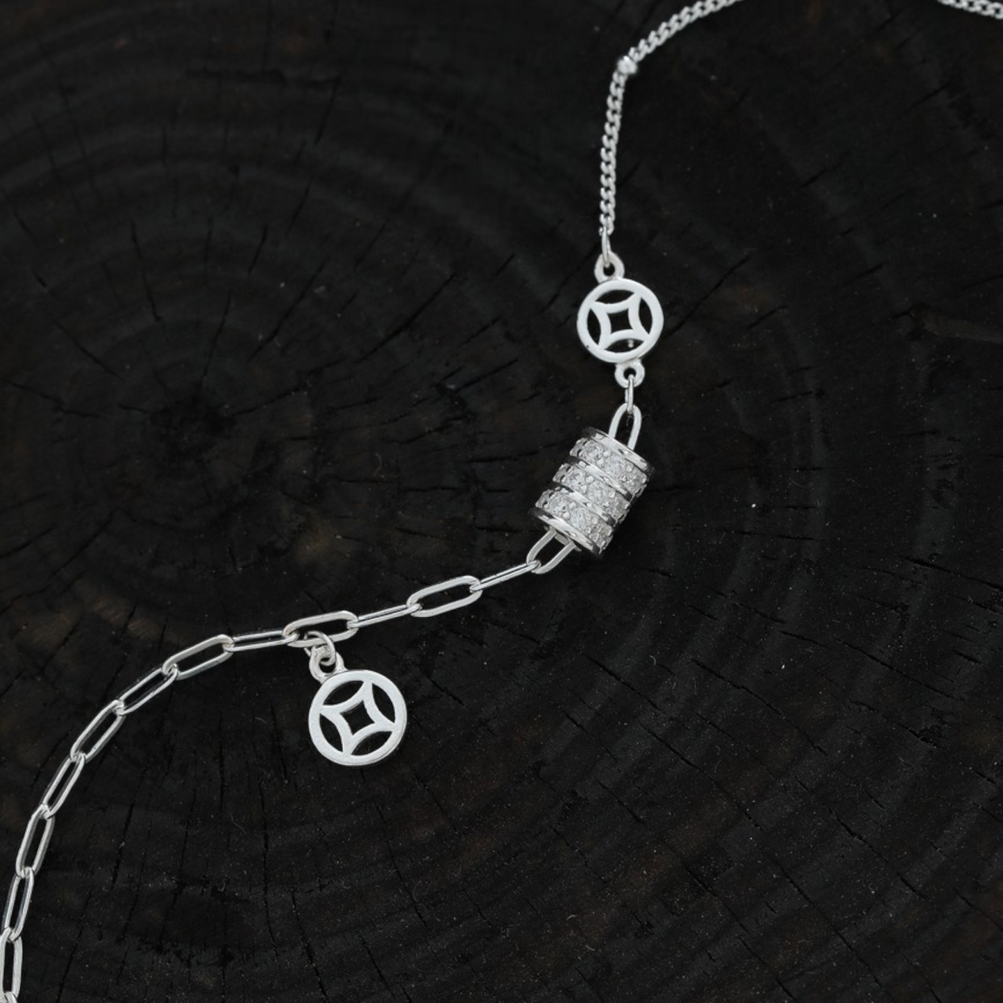 s925 Sterling Silver Chinese Coin Charm Bracelet