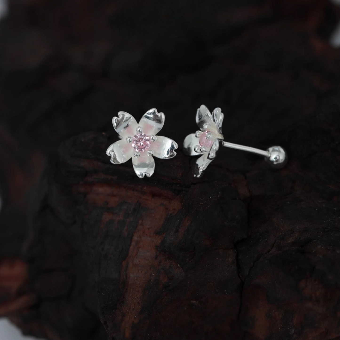 s999 Pure Silver Cherry Blossom Flower Screw Back Earrings