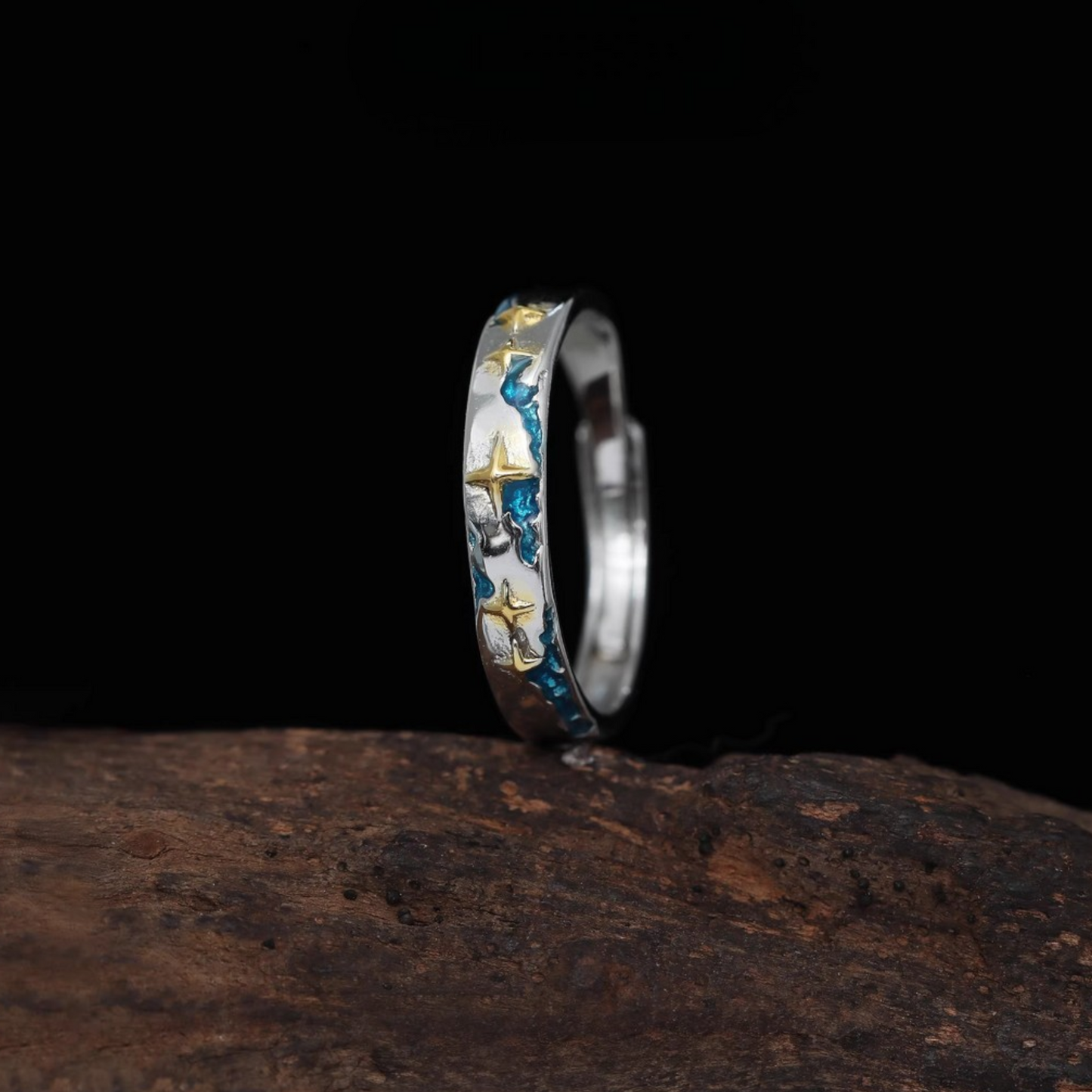 s999 Pure Silver Blue Ocean Stardust Couple Stacking Ring