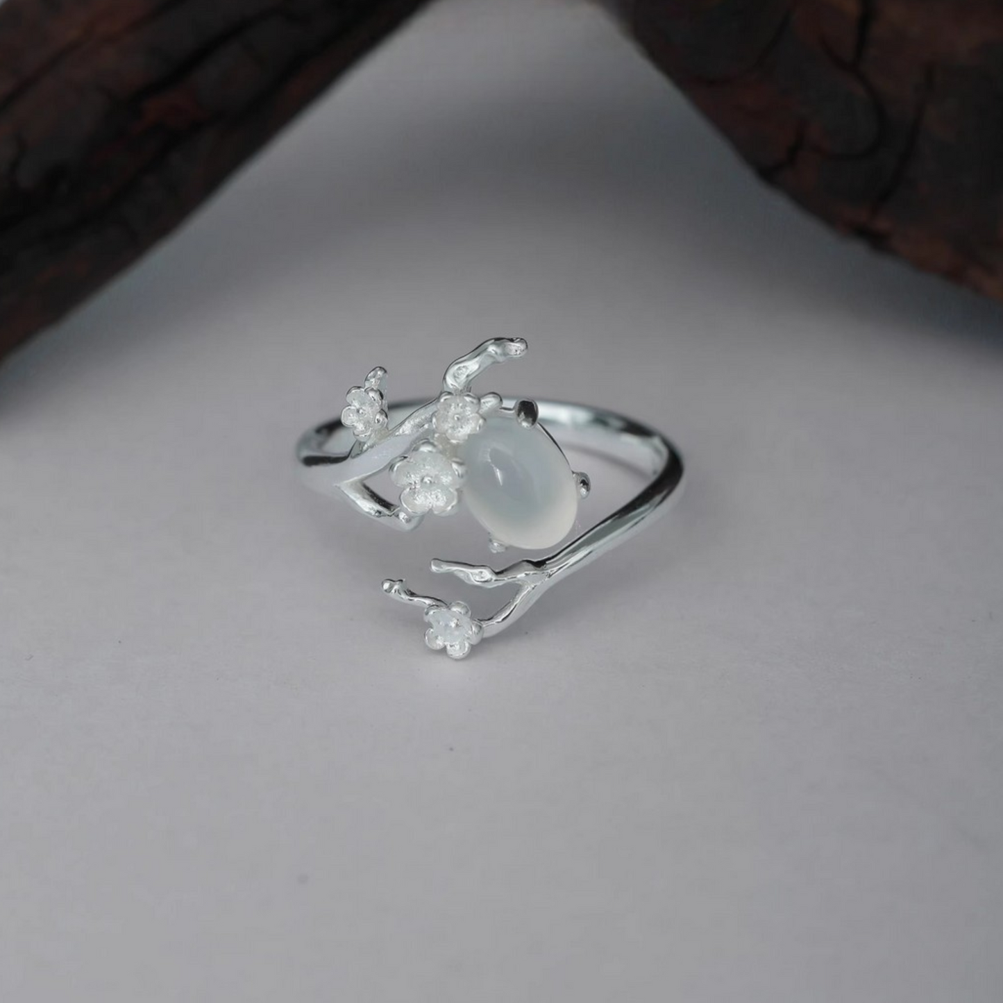 s925 Sterling Silver Minimalist White Agate Plum Blossom Flower Luxury Open Band Ring