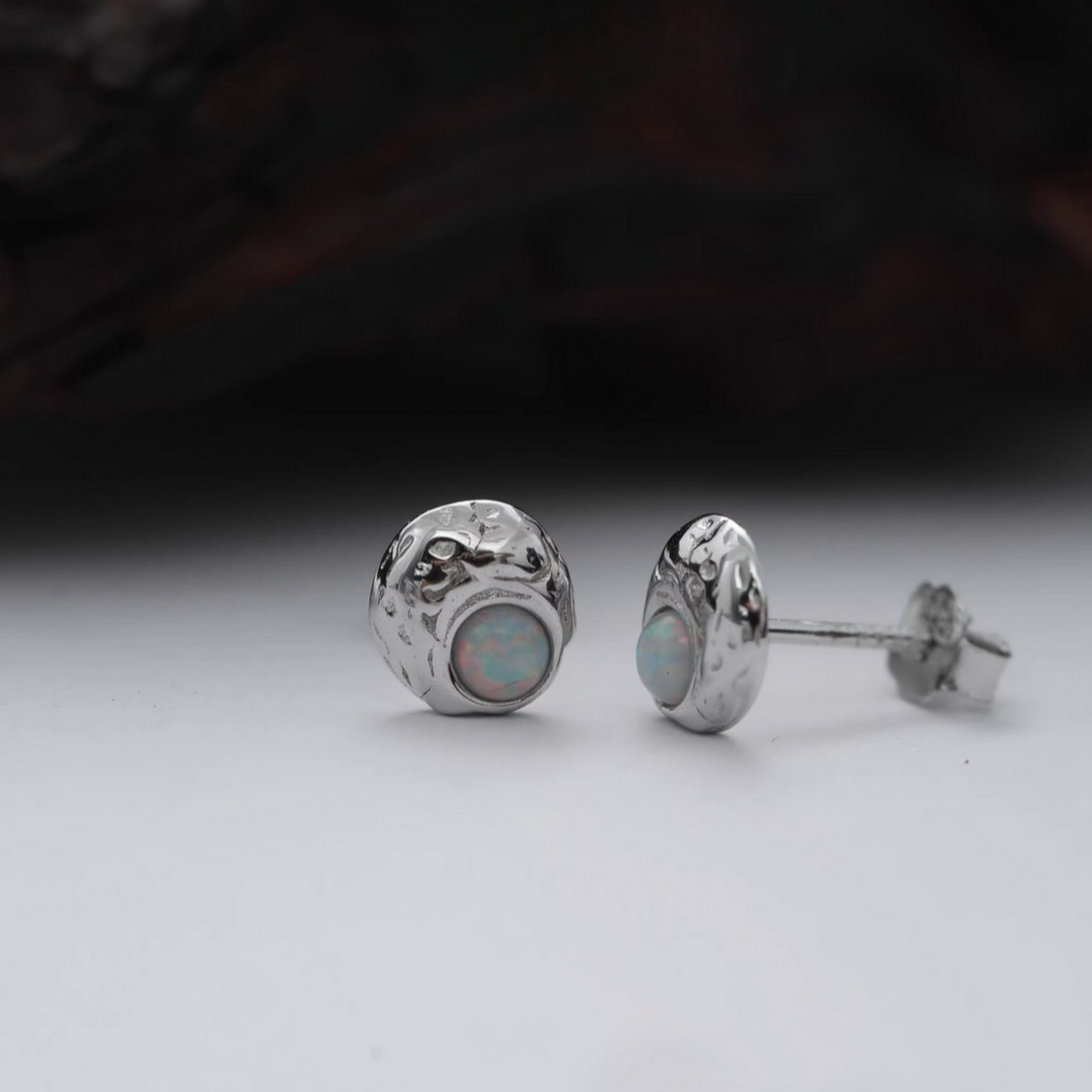 S925 Sterling Silver Minimal Moon Rock Opal Stud Earrings