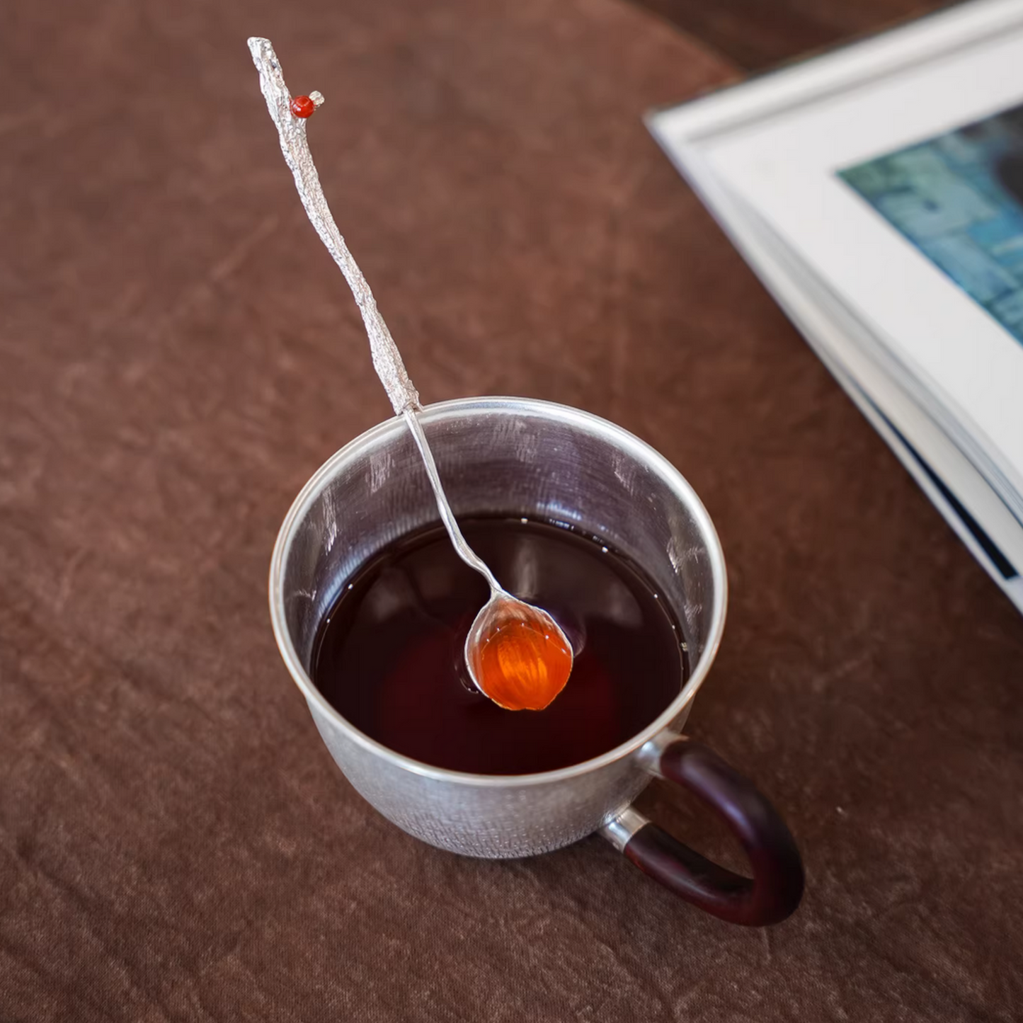 S999 Fine Silver Minimal Red Agate Stirrer Tea Spoon