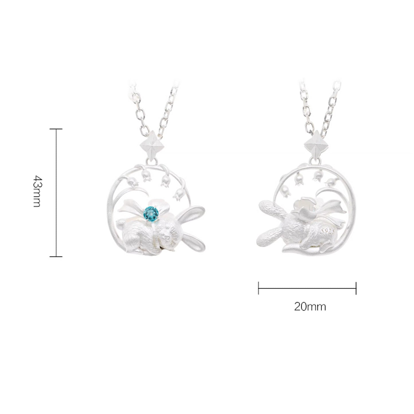 s925 Sterling Silver Cute Sleeping Bunny Rabbit Bluebell Flower Pendant Necklace