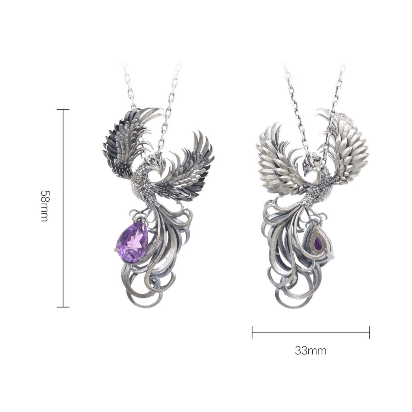 s925 Sterling Silver Vintage Purple Amethyst Phoenix Pendant Rebirth