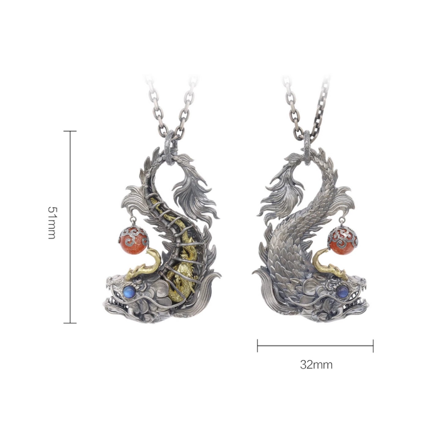 s925 Sterling Silver Vintage Arowana Dragon Fish Pendant