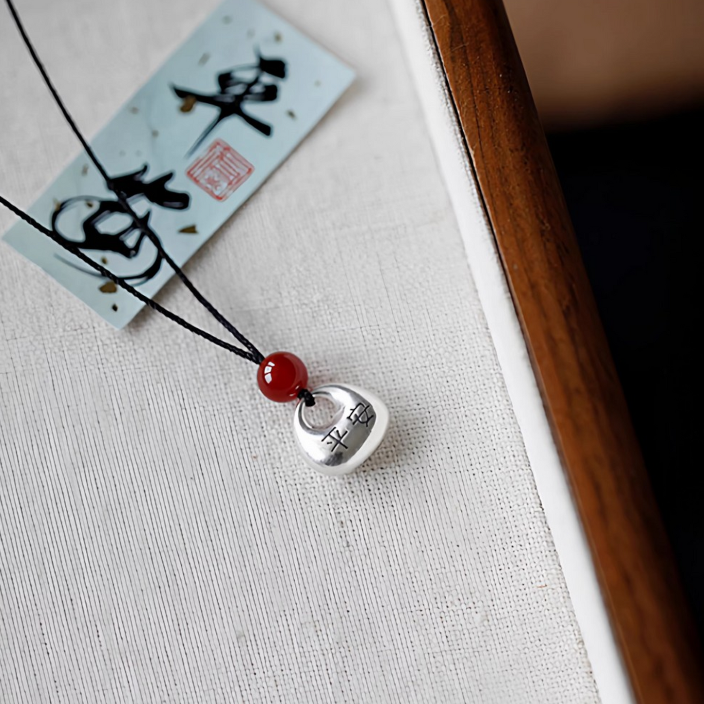 999 Fine Solid Silver Chinese Safety Pendant Agate Cord Necklace