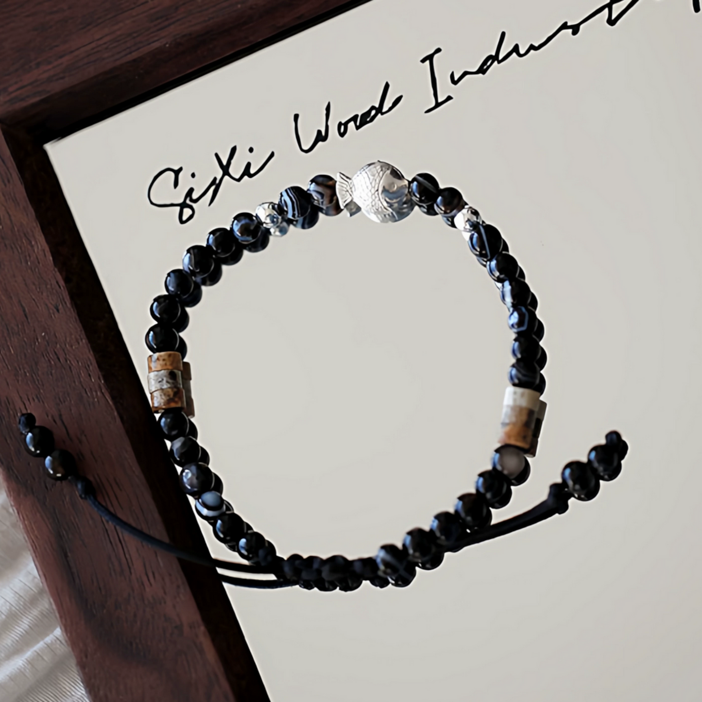 990 Fine Silver Good Luck Koi Fish Charm Braided Agate and natural Stone Bracelet