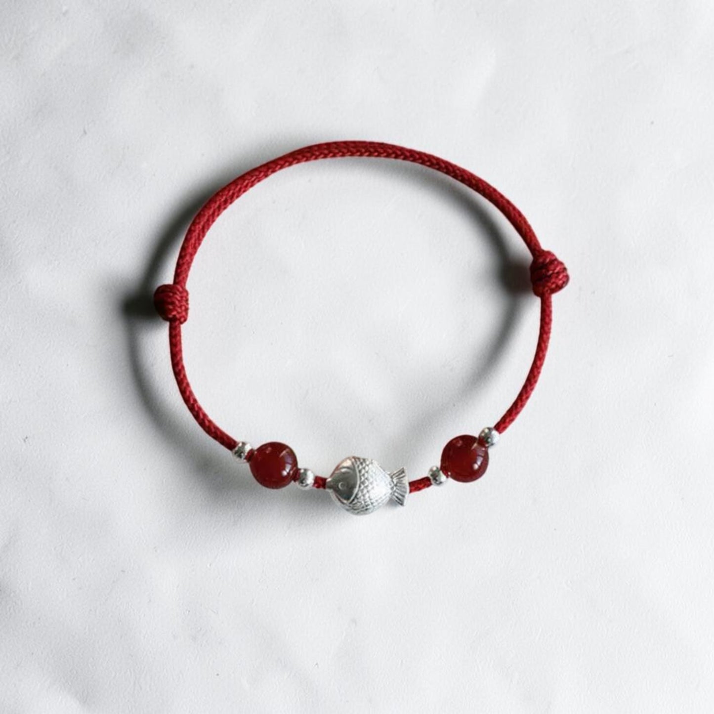 999 Fine Silver Lucky Koi Fish Charm Red Agate Cord Bracelet