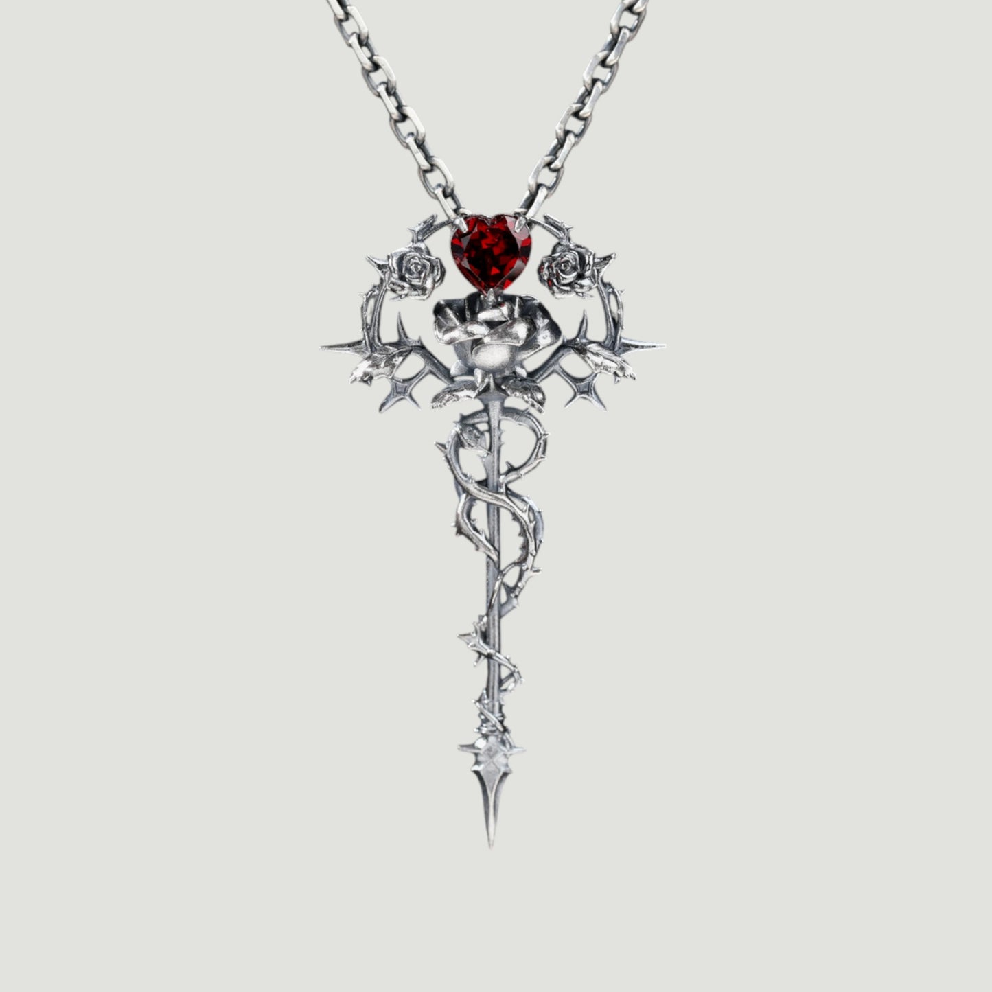 s925 Sterling Silver Thorn Rose Pendant with Garnet Cross Charm Unisex Gothic style