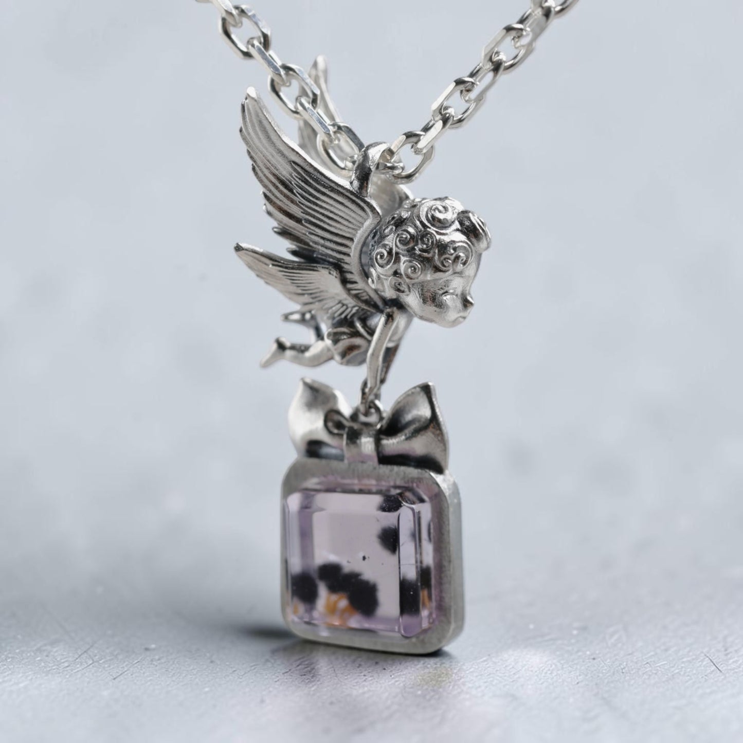 s925 Sterling Silver Little Angel Pendant with Amethyst Gemstone Cute Bow Necklace