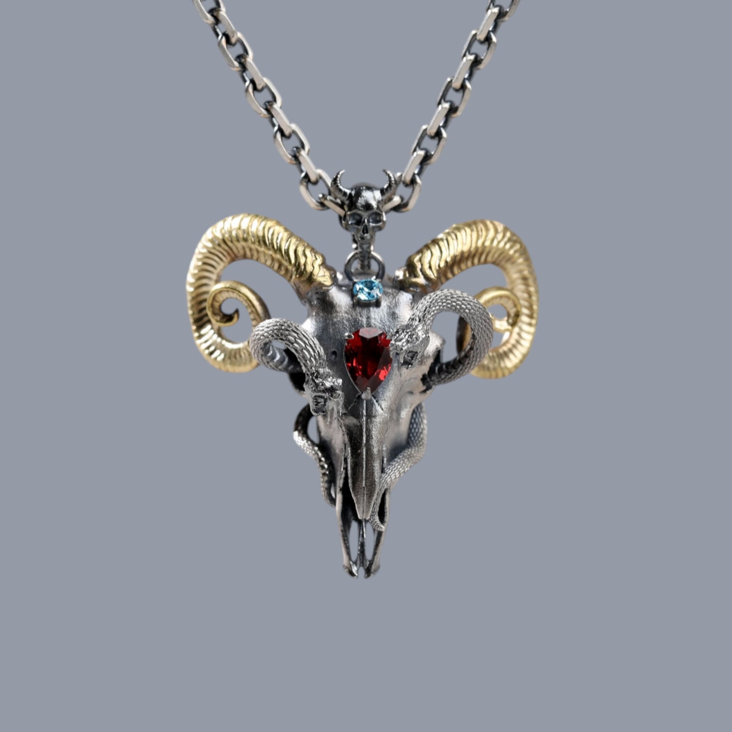 s925 Sterling Silver Skull Ram Sheep Snake Design Pendant Necklace