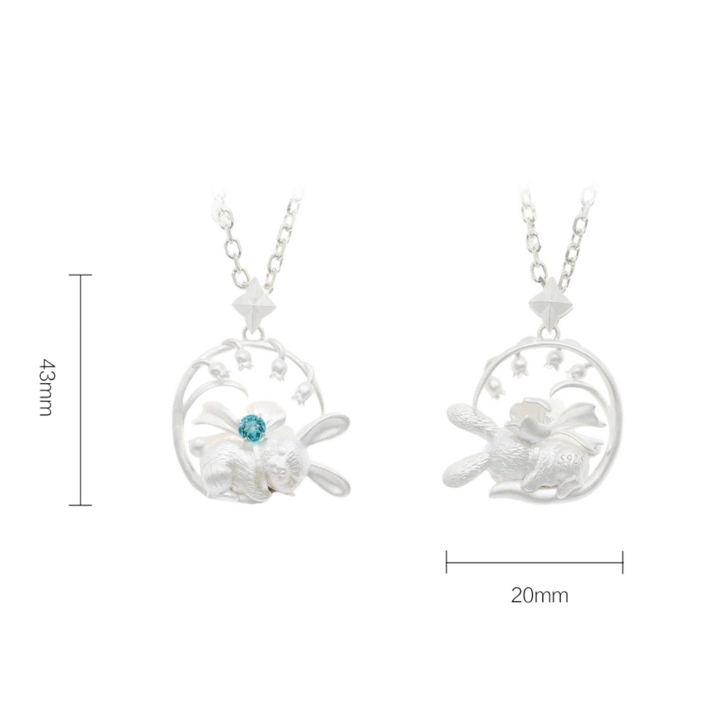 s925 Sterling Silver Cute Sleeping Rabbit Bunny Topaz Round Pendant Necklace