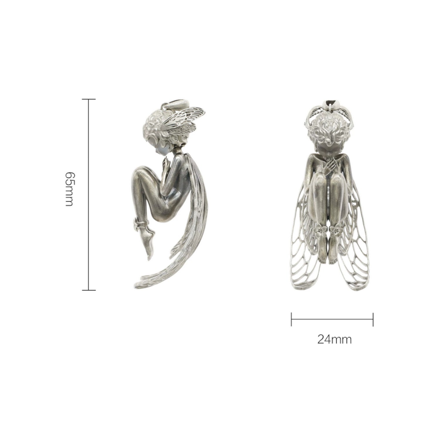 s925 Sterling Silver White Crystal Cicada Fairy Girl With Wings Sleeping Pendant Necklace