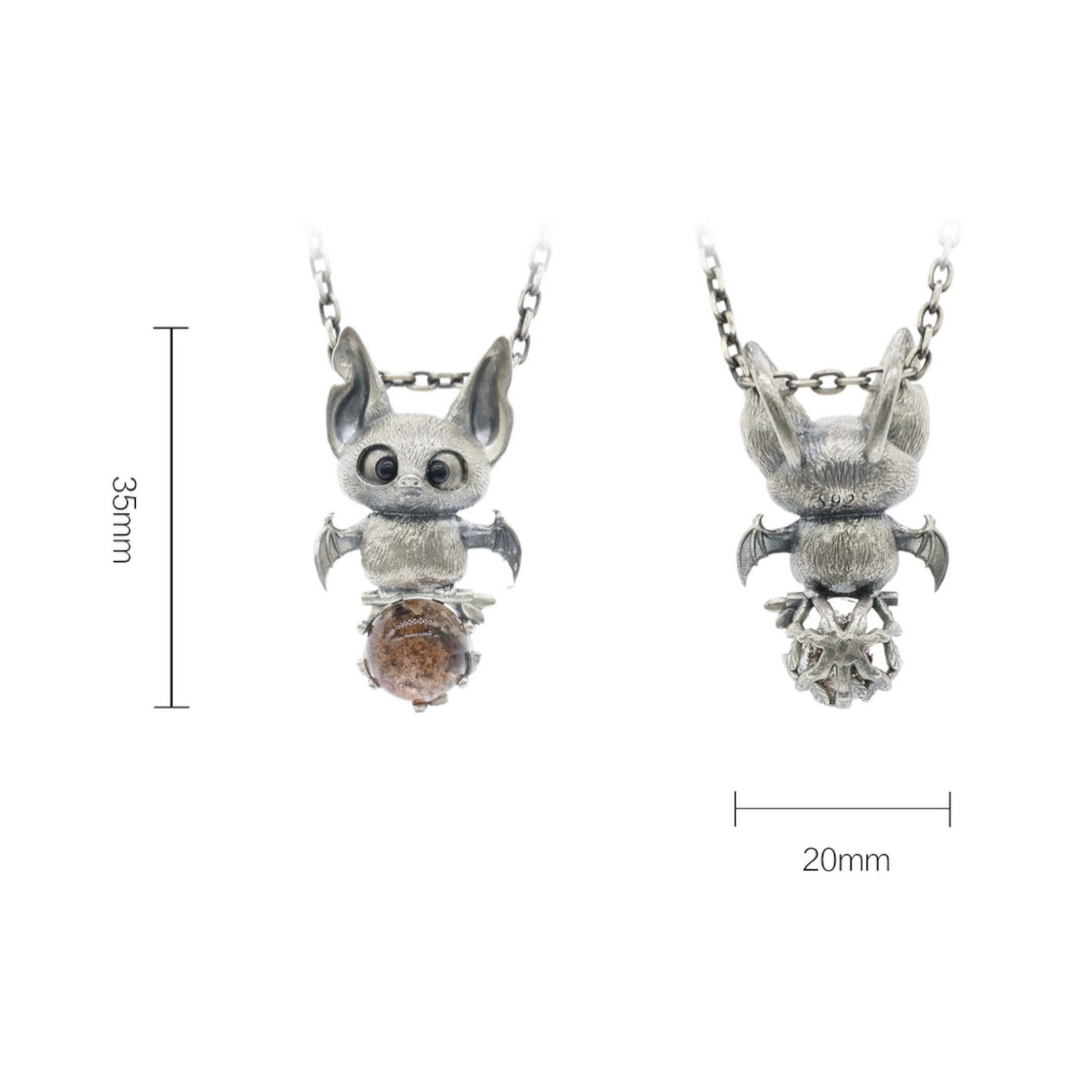 s925 Sterling Silver Baby Bat Phantom Quartz Cute Pendant Necklace