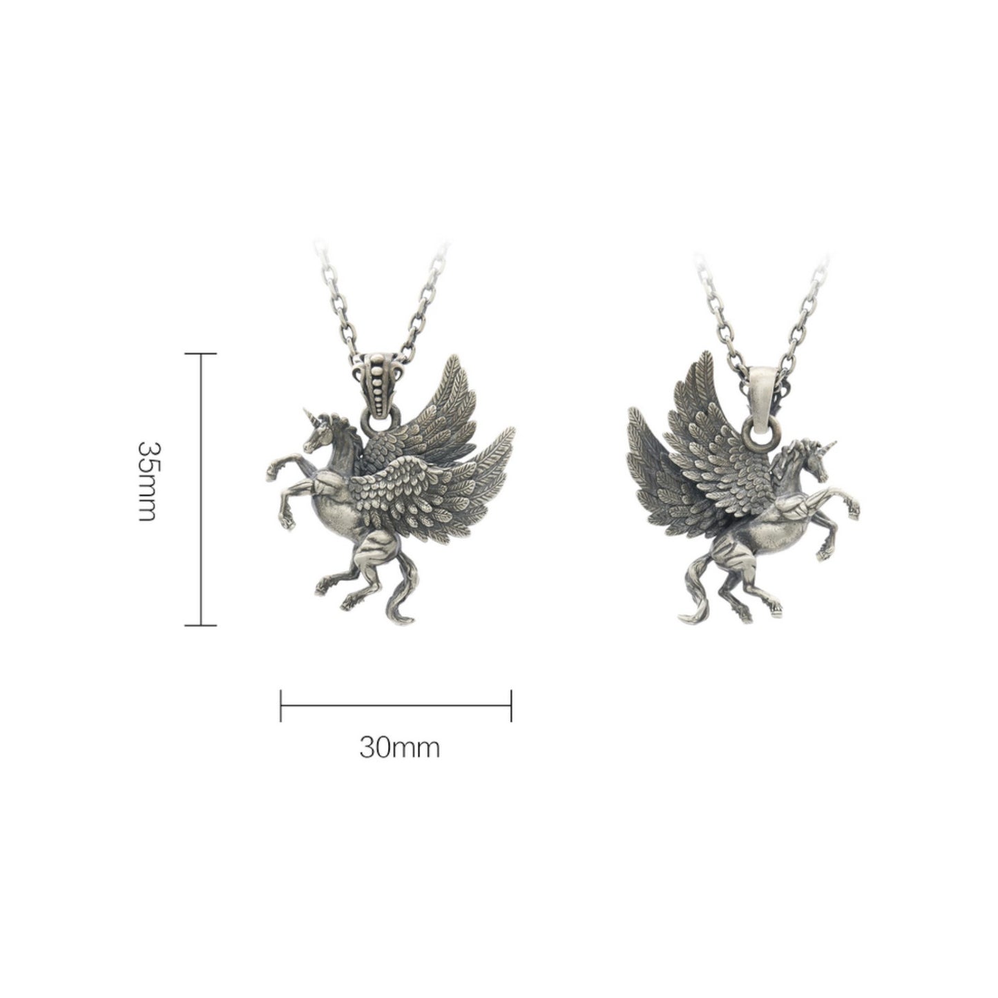 s925 Sterling Silver Vintage Double Side Flying Wing Unicorn Horse Pendant Necklace