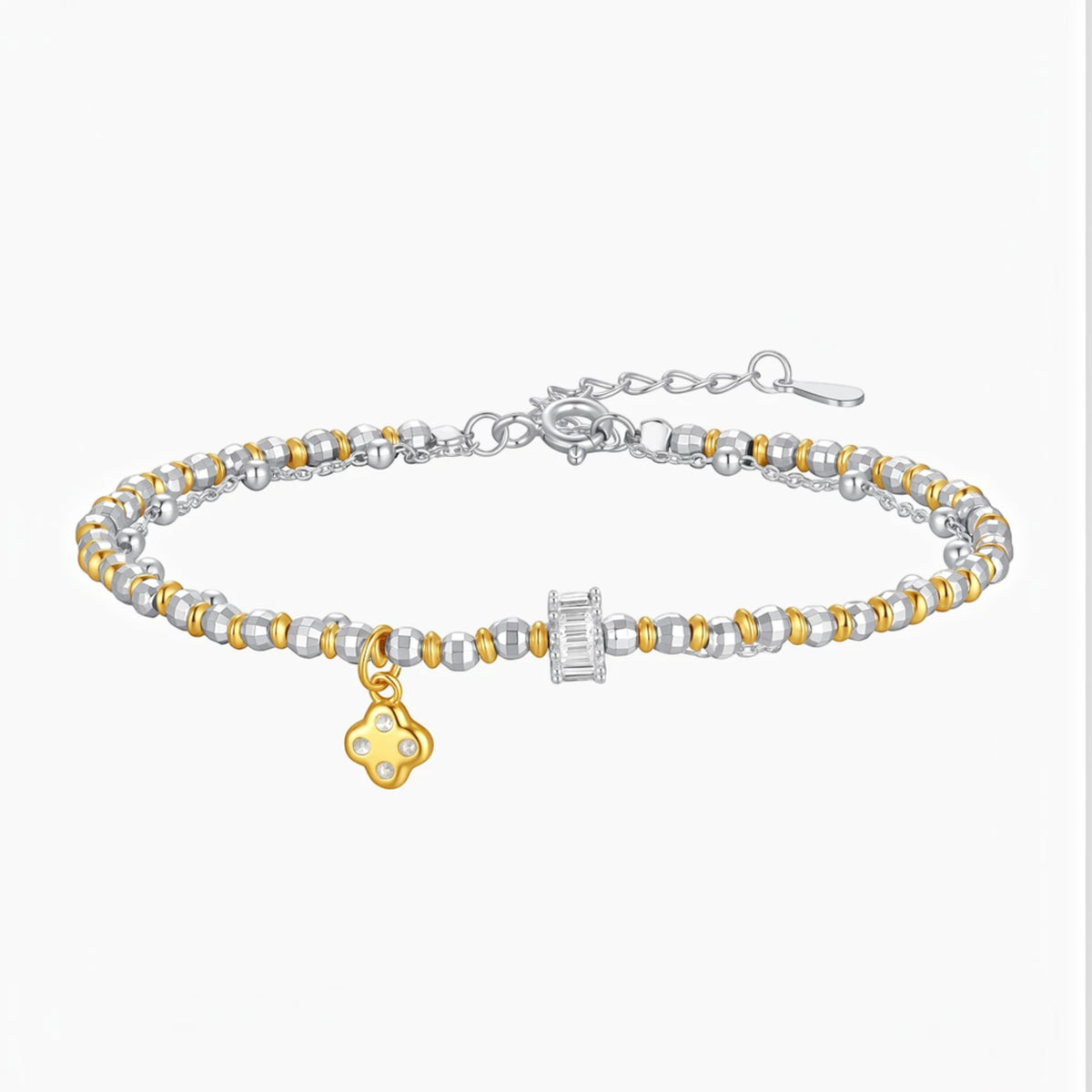 S925 Sterling Silver Clover Charm Double Layer Bracelet