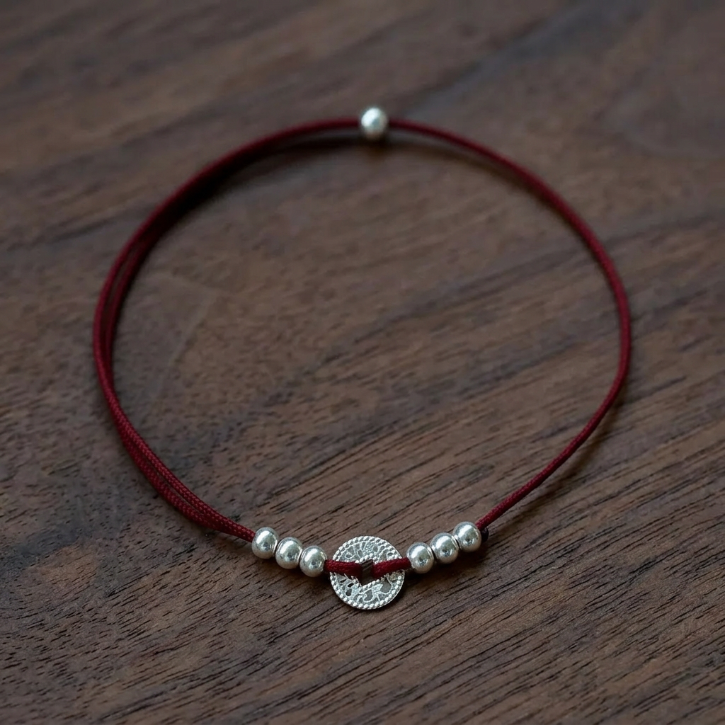 s925 Sterling Silver Sparkling Coin Charm Bring Good Luck Beads Cord Bracelet