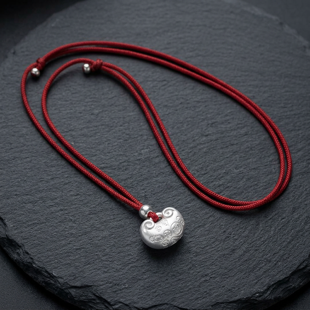 999 Fine Silver Peace Lock Pendant Blessing Charm Cord Necklace