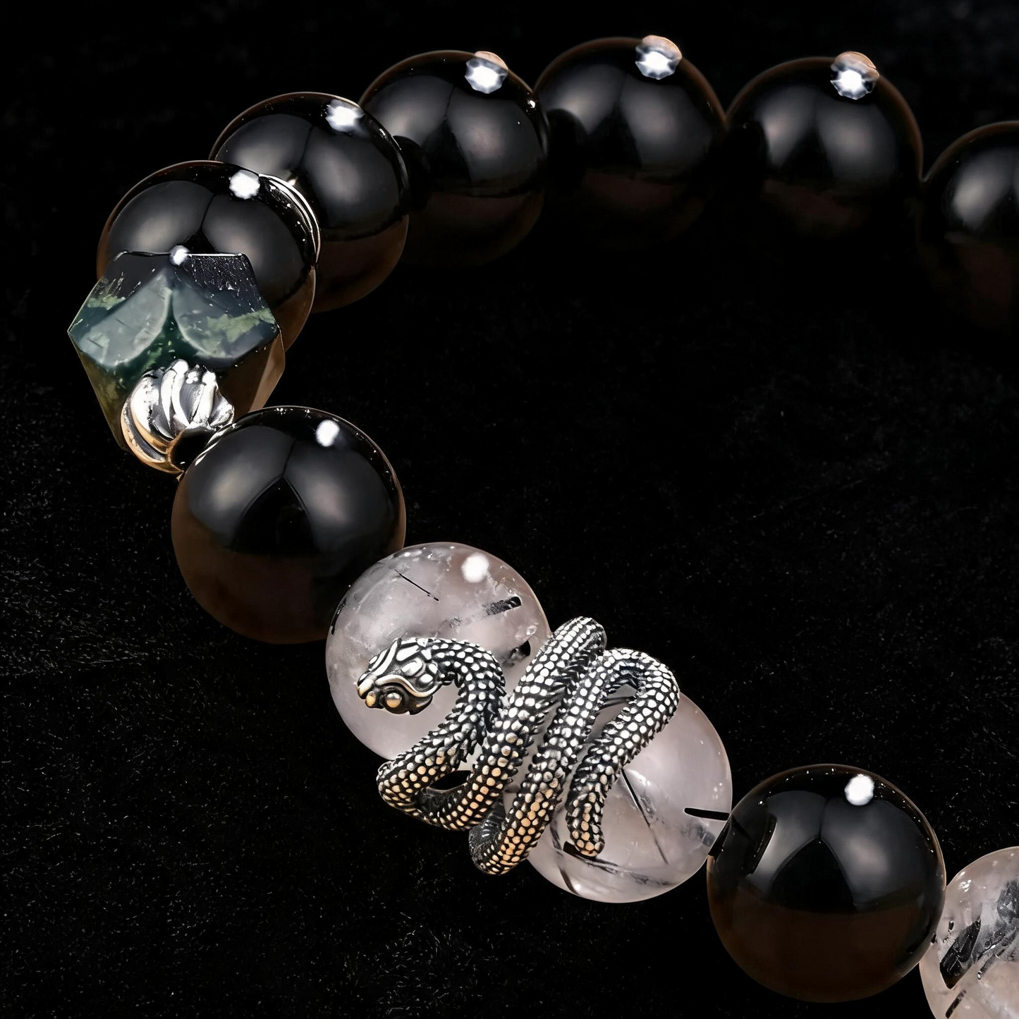 s925 Sterling Silver Snake Lucky Bead Men Bracelet Obsidian Rutilated Quartz Beads