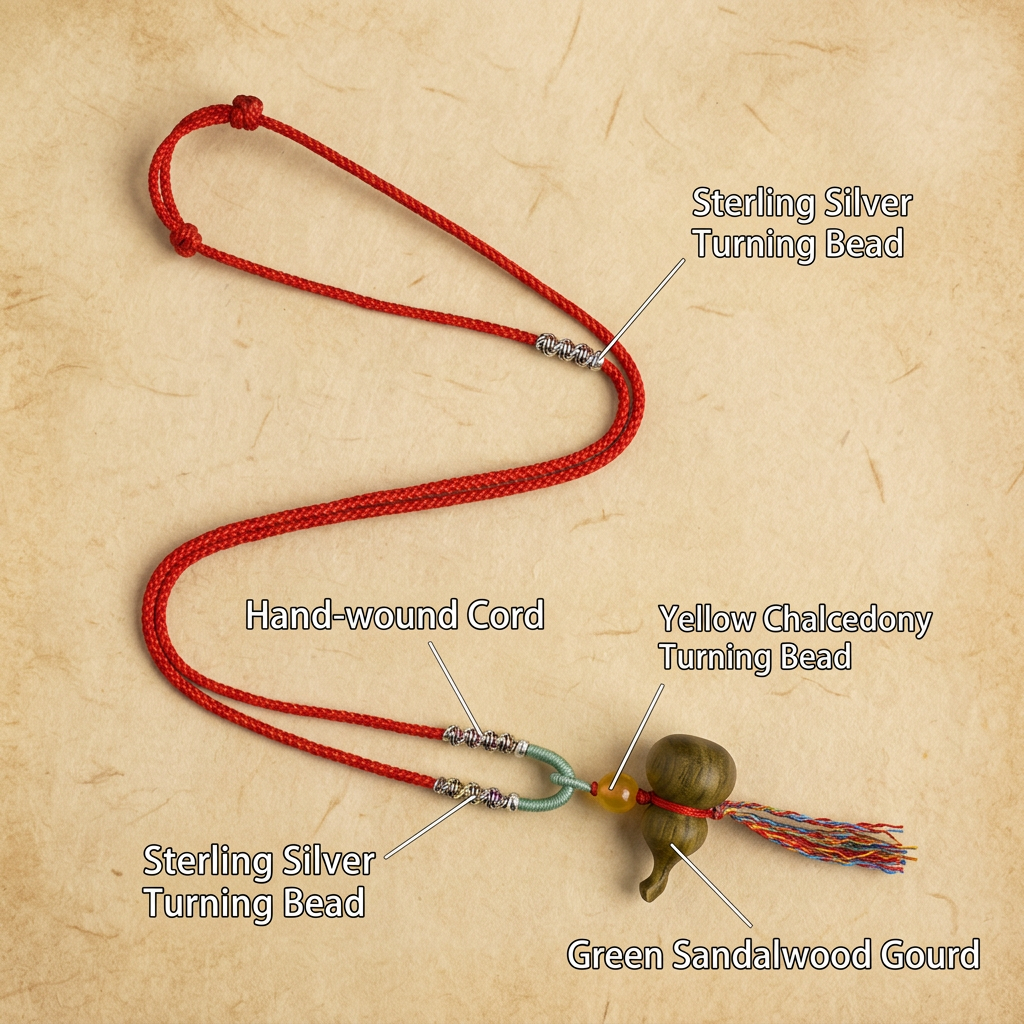 S925 Sterling Silver Charms Natural Green Sandalwood Gourd Pendant Yellow Agate Bead Cord Necklace
