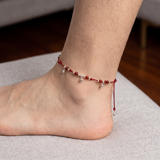 s925 990 Red Agate Sterling Silver Bell Red String Anklet Lucky Fortune Bead