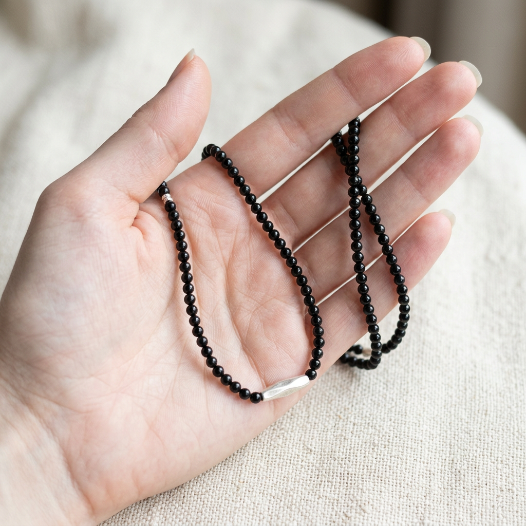 999 Fine Sterling Silver Charms Gourd Minimalist Black Agate Beads Necklace