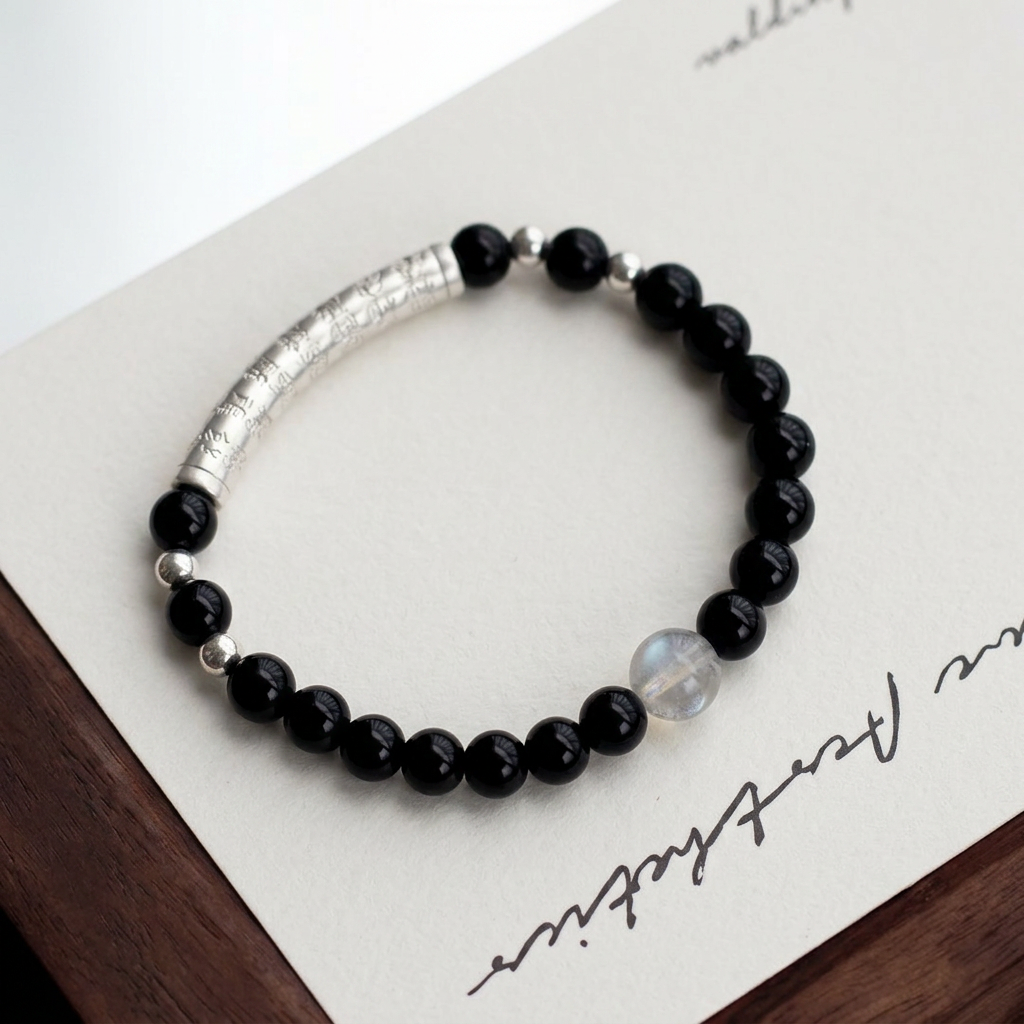 999 Fine Silver Blessing Tube Charm Black Agate Beads Moonstone Fortune Unisex Bracelet