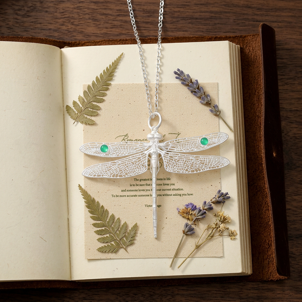 s925 Sterling Silver Filigree Dragonfly Summer Pendant Inlaid with Chrysotile