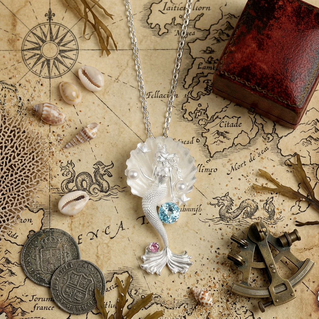 s925 Sterling Silver Mermaid Shell and Pearl Pendant Necklace