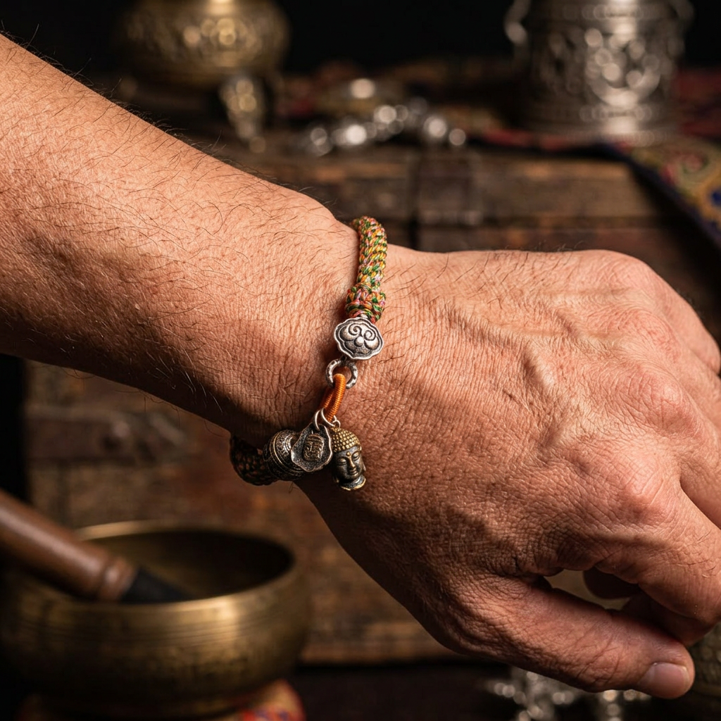 Handwoven Tibetan Style Zaki Lhamo s925 Sterling Silver Mantra Beads Ruyi Charm Bracelet