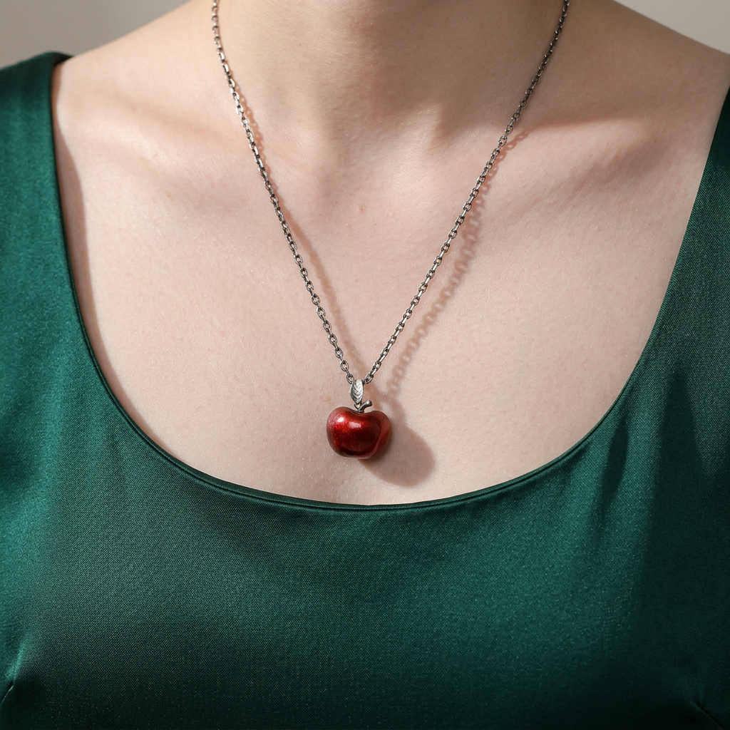 s925 Sterling Silver Red Apple White Crystal Reversible Cat Pendant Necklace