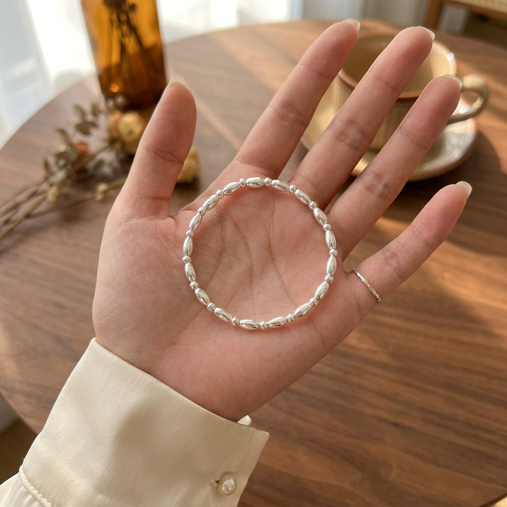 s925 Sterling Silver Rice Beads Minimal Minimalist Daily Style Bracelet
