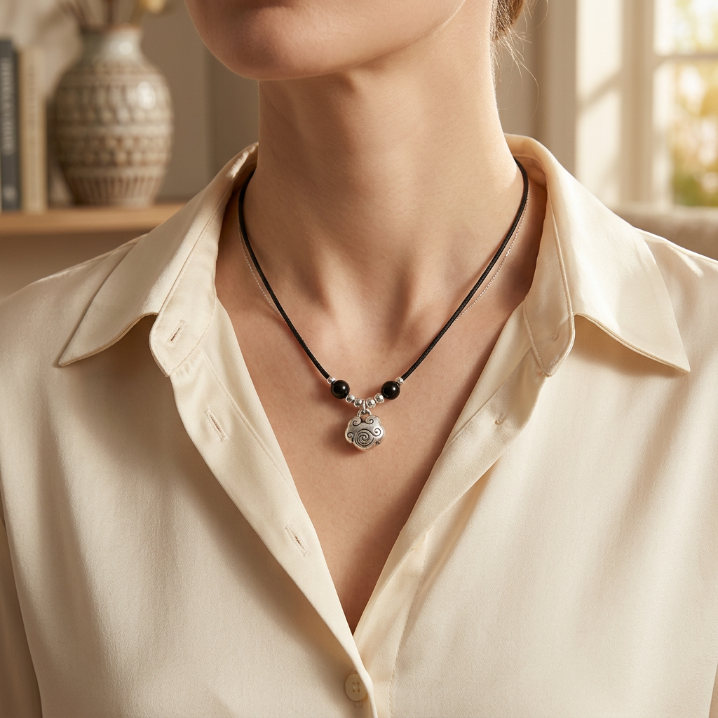 999 Fine Silver Lock Charm Agate Bead Cord Necklace
