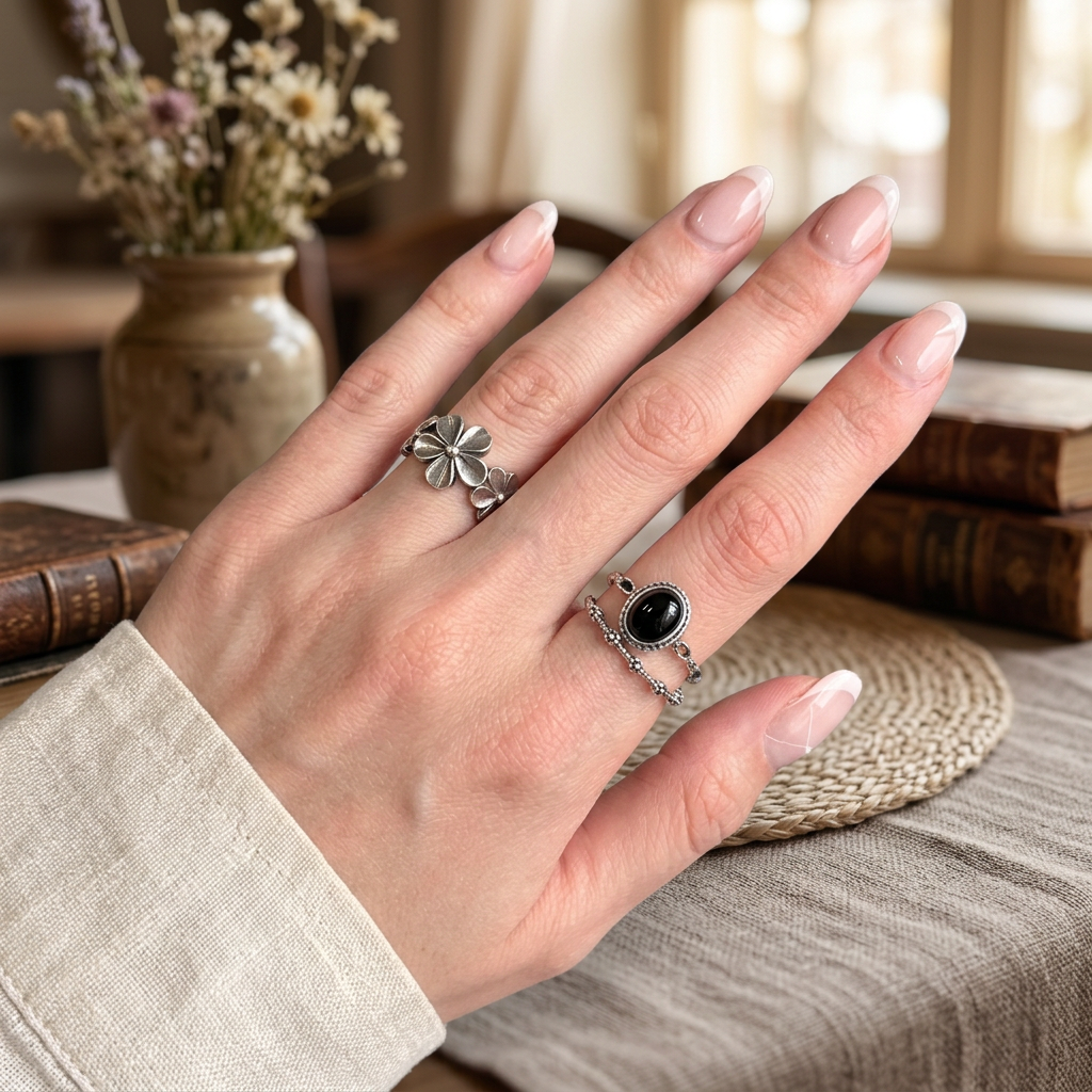 s925 Sterling Silver Black Agate Vintage Oval Minimal Gemstone Ring