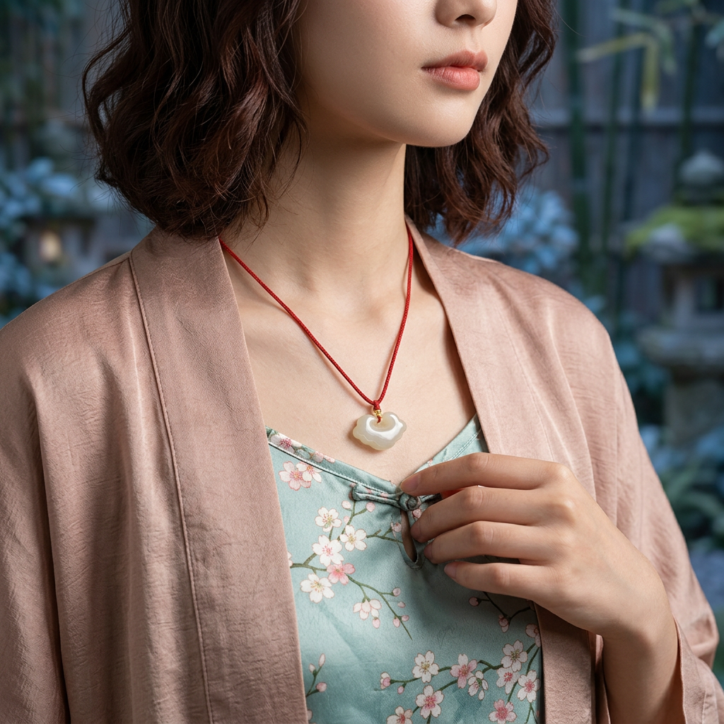 s925 Sterling Silver Bead Hand-Carved Jade Ruyi Pendant Braided Cord Adjustable Necklace
